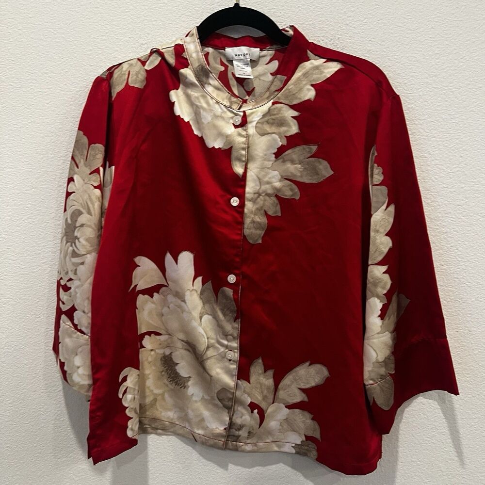 Natori Women’s Sz M Button Up Floral Pajama Top Blouse Long Sleeve Satin Feel